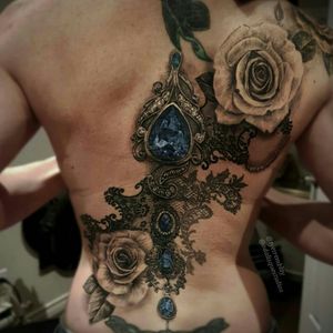 #ornamental #blackandgrey #touchofcolour #blue #gemstones #sapphire #roses #lace #realism #coverup #backpiece 