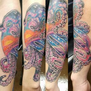 So happy its finished finally!! Mad props to Johnny Reaves in OKC #tattoo #octopus #space #galaxy #sunset