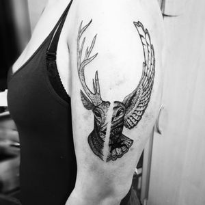 deer ans owl tattoo with dotwork