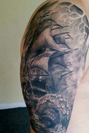 Ship Pirate ship Sea Octopus Nauthical Storm Thunder Sleeve Half sleeve Arm tottoo Realistic tattoo 