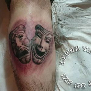 Black N White Photo Realism Tattoo Done By Legna (thanos Angeloudis)#tattoo #legna #thanosangeloudis#masks #tragedy #smilenowcrylater 