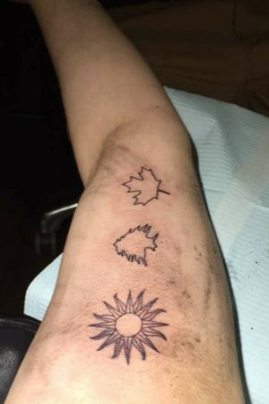 Sun from the Uruguayan flag for my mom, cedar tree from the Lebanese flag for my dad, and maple leaf from the Canadian flag for my brother and I. 