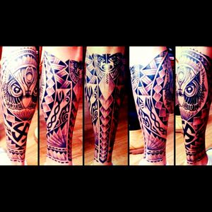 Left leg half sleeve tattoo.  4 different tattoos composed in one piece.