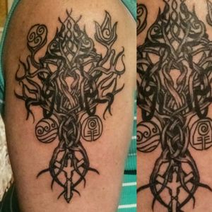 Celtic tree of life with Elemental Runes, and Nordic tree of life rune in the roots.  Customized off of Client submitted reference art. #blackandgreytattoo #knotwork #celtictattoo #tattooartist #tattooart #elements #yggdrasil