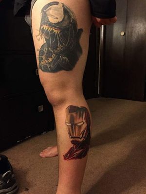 Iron Man and venom start of my marvel leg. Done at The Daruma Tattoo and Piercing company by Jey Collins and Bryan Perino #ironman #venom #MarvelTattoos #MarvelTattoo #comic #portait 