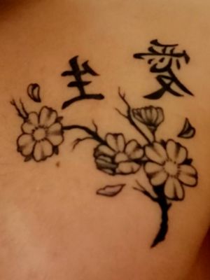 My tattoo is a branch of cherry with two Japanese Kanji, the one on the right means "Love", the other on the left means "Life". The branch of cherry means "The transience of life", It is a little part of Japanese culture. 