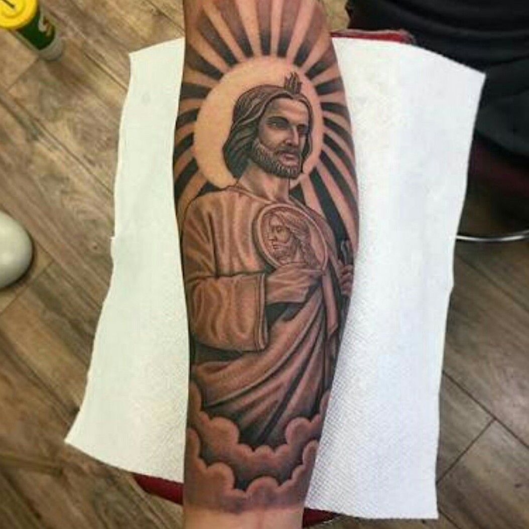 Tattoos by Beef  Just saint San Judas Tadeo on a young gentleman from out  of town Here to help rebuild some roofs It was fun trying to communicate  between him and