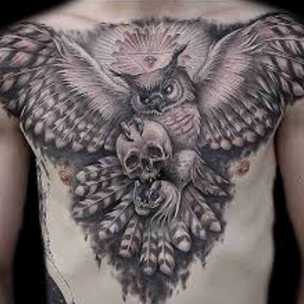 Josh Hall Tattoo Artist  Finished up this owl chest piece today really  glared photo Fairly large cover up  blast over on the one side Thanks  for looking neotrad neotraditionaltattoo neotraditional 