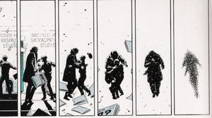 Bernard and Bernie embrace as New York gets destroyed.Watchmen #11 p28 