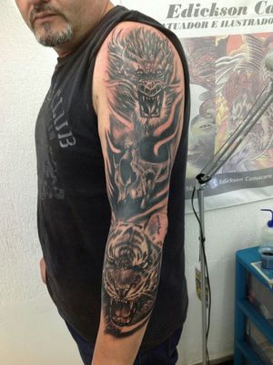 Black and Grey Tattoo Dragon, Skull and Tiger