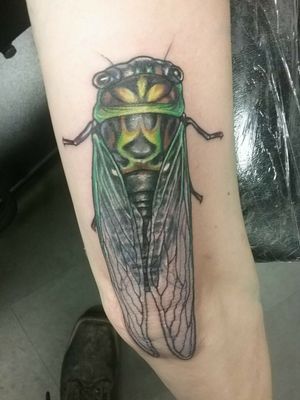 It's missing two legs because the sleeve isn't done. #cicada #biosleeve #bug #buzzmouth #color #photorealism #wings #artistofpain #creepycrawler #southernnight #nature 