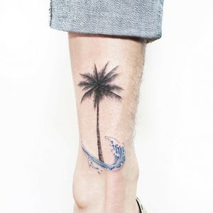 By #tattooistida#palmtree #wave#minimalist #watercolortattoo 