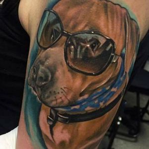 Dog love. Rip socco #dogportrait #dogtattoo #doglover #pitbulltattoo #pitbull #angelafoxinx #foxinx #albuquerque #newmexicoartist #color #glasses #Tattoodo #tattooartist 