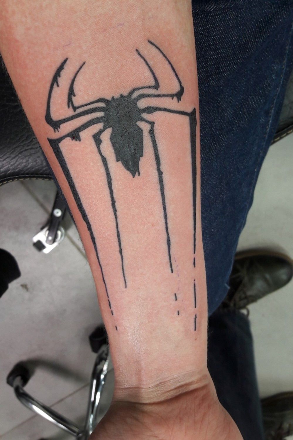 Colored Spiderman Tattoo On Leg