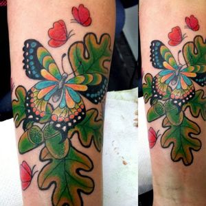 #worldfamousink #butterfly #acorn #fullcolour #armtattoos 