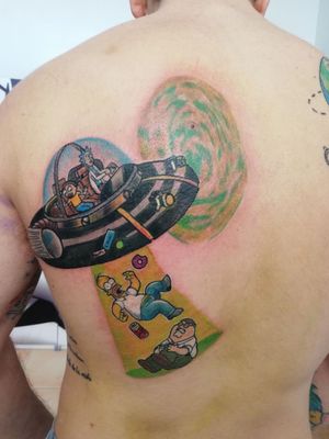 Rick and Morty, Homer Simpson, Peter Griffin #rickandmorty #homersimpson #petergriffin #rickandmortytattoo #homertattoo #familyguy #colorful #RickSanchez #MortySmith #spaceship 