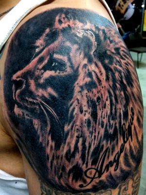 1st session Lion PortraitTattooed by The Dale