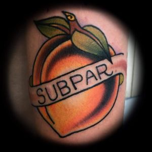 Seinfeld Peach, done by Maggie Snow, Little Pricks Tattoo, Austin, TX."Jerry, this peach is subpar!"