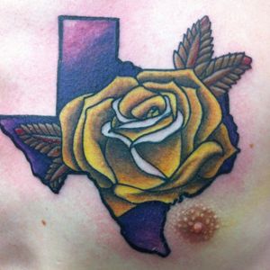 Texas Yellow Rose, done by Maggie Snow, Black Cap Tattoo, San Marcos, TX.