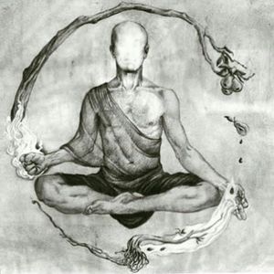Monge meditando conectado com os elementos da terra
