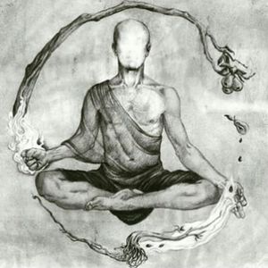 Monge budista em posição de lótus conectado com os elementos da terra.