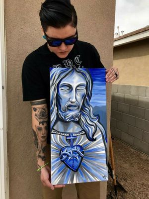 Jesus with sacred heart comission painting I finished today . 🙏🔷 acrylic on canvas . #jesus #paint #acrylicpainting #acrylic #painting #Painter #blue  #albuquerque 