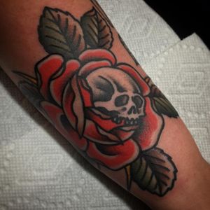 Skull rose by Matt Nemeth at Lakeside Tattoo, VA. #traditional #traditionaltattoo #skull #rose #traditionalrose 