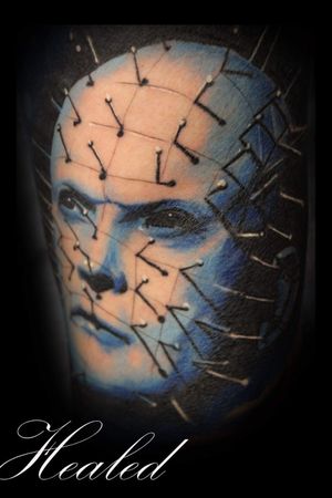 Colour portrait of Pinhead from horror film Hellraiser #horrortattoo #horror #pinhead #hellraiser #colourtattoo #colourportriattattoo #realism #portrait 
