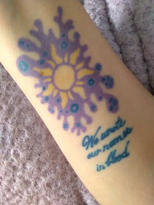 My very first tattoo, matching with my childhood best friend. Sun inspired by Disney's Tangled for a first addition to my Disney half sleeve. Drawn and designed by myself. Also featuring song lyrics from Paramore's Ignorance. #disneytattoos #disneytattoo #disneytangled #selfcreated #suntattoo #paramoretattoo #matchingtattoo 