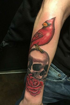 #Cardinal on a #skull with a #rose. My first colored tattoo #VA #forearm #redink #shading #whiteink 