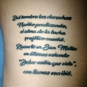 🇨🇴 Final verse of Colombian National Anthem 1hr 30min, done in Colombia. 27/03/2017 #lettering #letteringtattoo #black #colombia #patriotism #ribtattoo