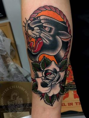 Myke Chambers did this one on my forearm last year. #Tattoooftheday #MykeChambers #Traditional #Philly #Panther #Rose 