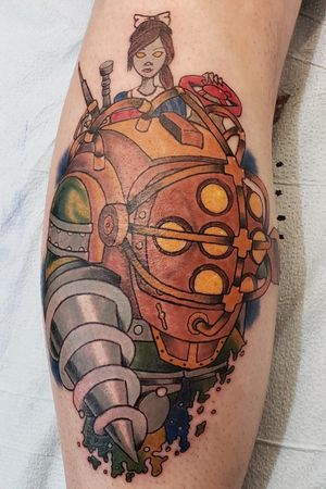 Tattoo from a game called bioshock, a little sister from bioshock 2 riding the big daddy.