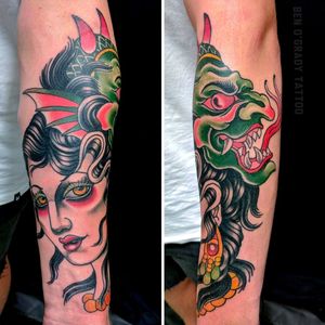 One hit girl head and demon. Wrapping quite a lot on the forearm. #benogradygallery #benogradytattoo #benogrady #ogradytattoo #sydneytattooartist #sydneytattooartist #australiantattooartist #stonehearttattoo #stoneheartbodyart #lighthousetattoosydney #lighthousetattoostudio #LH 