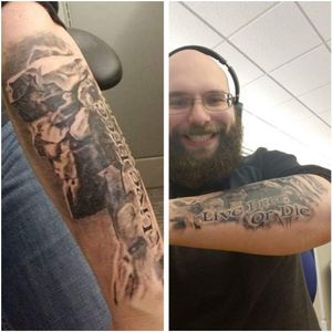 Forearm tattoo by Steve Ropp of the "Old Man of the Mountain" and the NH state mottoIG: STEVEROPPBookings: steveropp@gmail.com