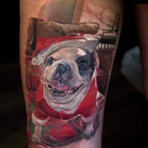Penny the Christmas Pug, #abttattoo #artbytodo #realismtattoo #tattoorealistic #tattooportrait #animalportrait #realism 
