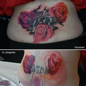 Name cover-up with colourful roses #rose #roses #coverup #coveruptattoo #namecoverup
