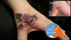 Rose coverup on hand http://nikkifirestarter.com #rose #tattoos #rosetattoo #coveruptattoos #coverup #handtattoos #floraltattoos #flowertattoos #floral #aesthetic #pinkrose #thorns #apprenticetattoos #apprenticeartist #femininetattoos #smalltattoos #cutetattoos #firestartertattoos #nikkifirestarter #colortattoos #illustrativestyle #illustrativetattoos #ink #color #colorink