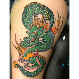 Finished my dragon piece! Took like 6 hours. In Va, by Zack. #traditionaltattoo #Japanesetraditionaltattoo #dragontattoo #traditionaldragintattoo #traditionaldragon 