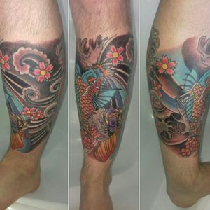 A bright coloured koi dragon on the front of my leg, connecting around to the koi fish, nearly completed sock.#koidragon #koifishtattoo #japanesetattoo #traditional #shintattoo #colourtattoo 
