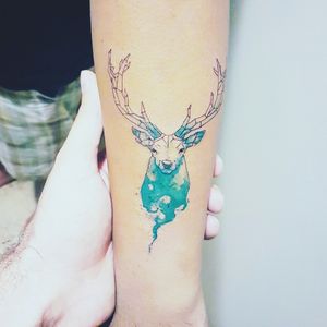 custom design watercolor/geometric deer tattoo that I did last year#deer #stag #geometric #geometry #linework #watercolor #watercolour #animal 