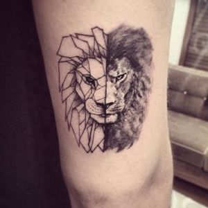 geometric & realistic lion tattoo #geometric #realistic #realism #animal #lion #blackandgrey #blackAndWhite 