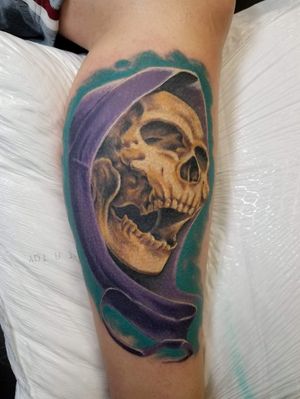 Reaper turned Skeletor. Done by Jason Knutson, co owner of Addiction Art Society in Tacoma, WA#skull #reaper #grimreaper #Skeletor #pnwart #colortattoo #wip #realism #calftattoo 