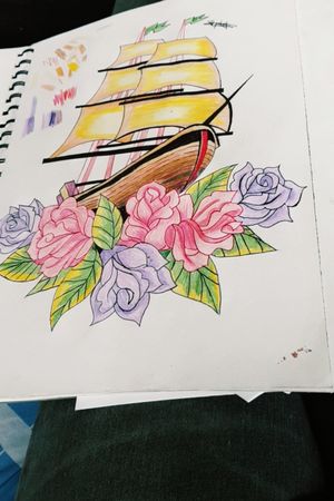 Portfolio Drawing 1-A few minor mistakes but it happens #flowers #shiptattoo #vibrantcolours 
