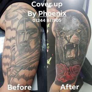 Cover up by Phoenix Blaze #tattoo #coverup #tattoocoverup #liontattoo #lion #wildlife #realism #bigcats #bigcat #herekitty #bng #blackwork #rose #rosetattoo #roar
