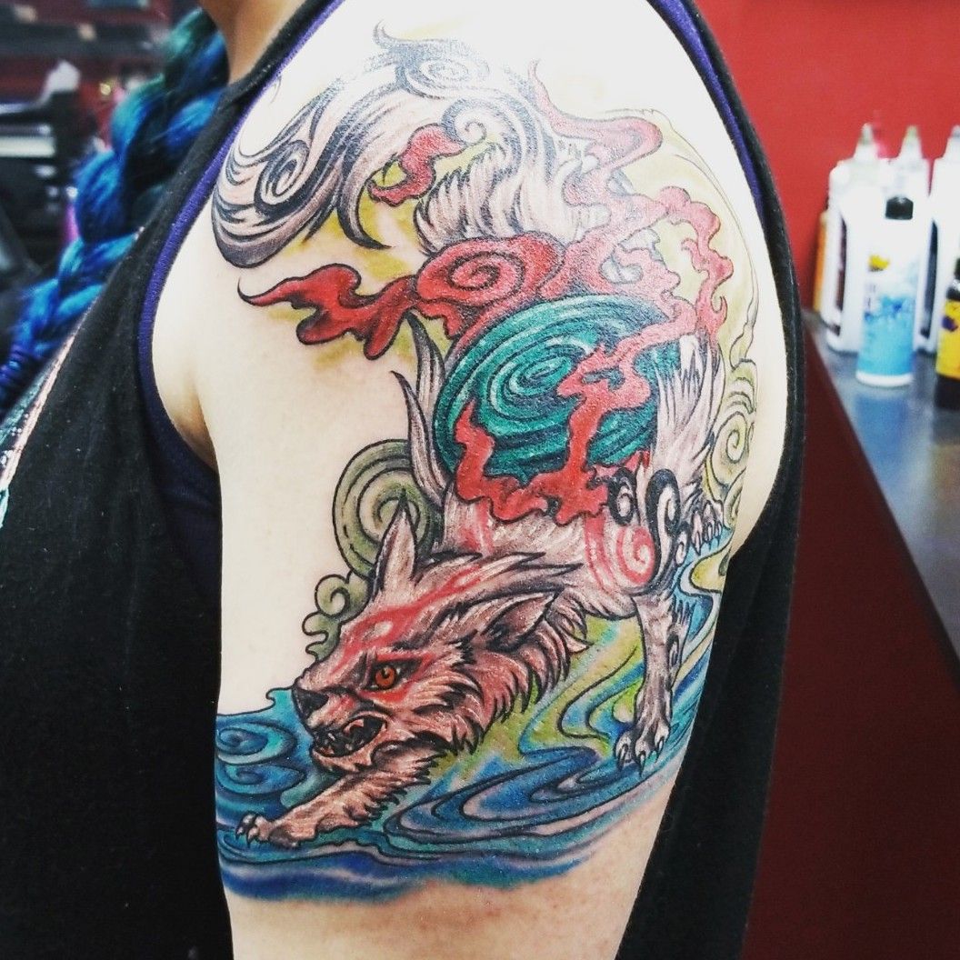 Progress Pic Ammeratsu the Japanese Sun Goddess based on a religious event  and art piece done by Matt at Rivercat Tattoo in Eugene OR  rtattoo