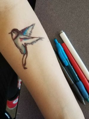 Tattoo for my friend. Temporary and made with red flare pen, black and blue ball point pen, and grey marker. 