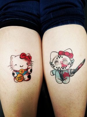 2 separate Hello Kitty Friday the 13th tattoos. Lucky Cat and Jason. 😍😍😍