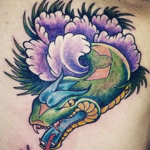 Done by Kelly Mcrae @Skin_Dimensions_Tattooing_and #snake #color #freehand #shoulderpiece 