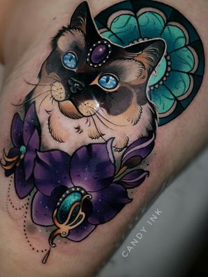 Love my cat 😘 #candyink #cat #colors #thightattoos #thigh #lille #labonbonniere #catattoo #neotraditional #newschool #orchid #jewelry #purpleflower #green #ragdoll #sacredebirmanie #blueeyes #poland #pologne #candyshop #chat #fleur #yeuxbleus #ink #girlswithtattoos #girl #wroclaw  @candyink 